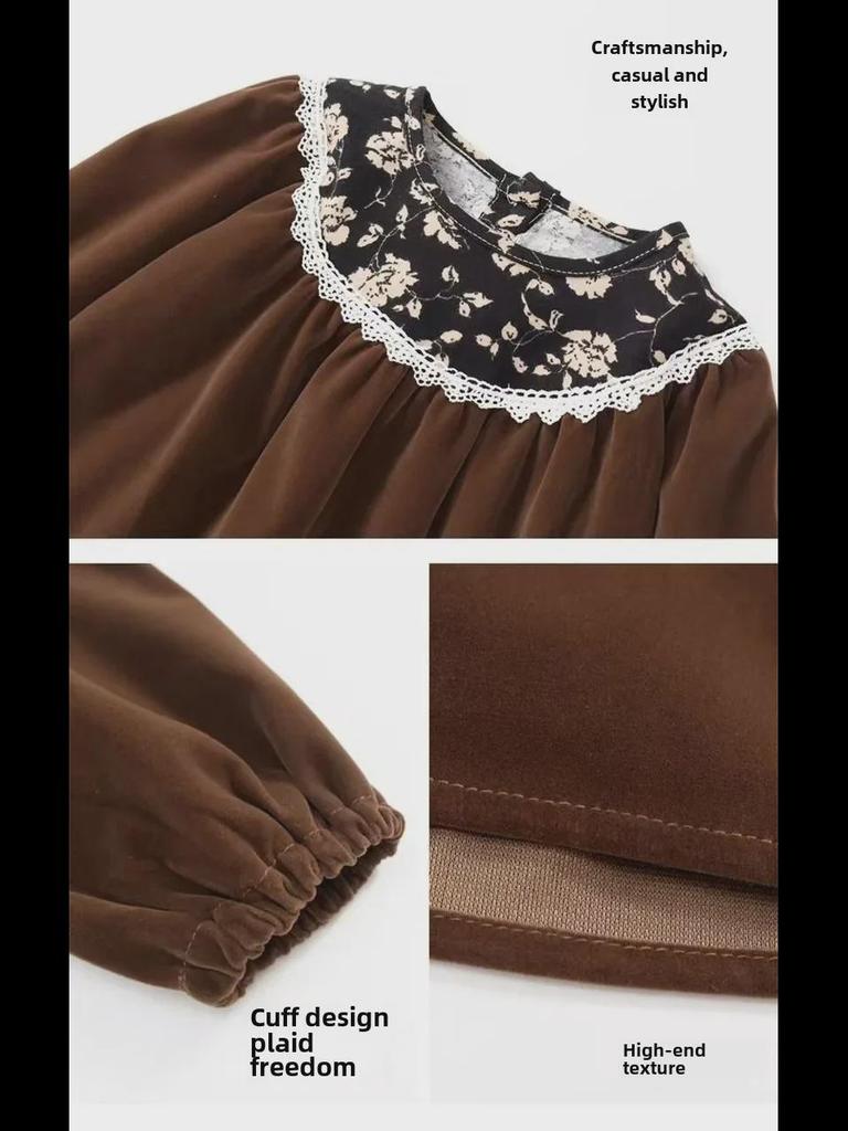 Hepburn-Style Retro Velvet Floral Princess Dress for Girls - Long-Sleeved, Perfect for Spring and Autumn, Korean Design.