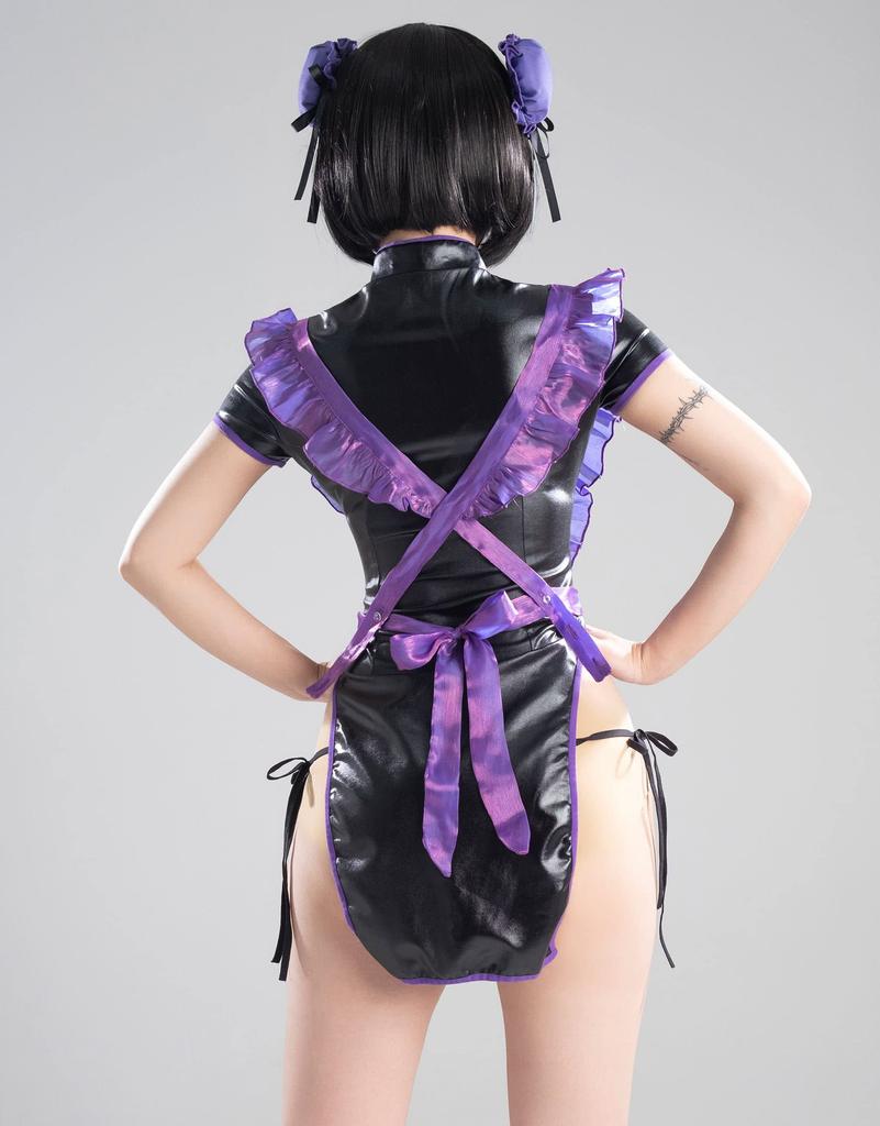 [Miccostumes] Взрослый женский костюм горничной, косплей-наряд, сексуальное платье в китайском стиле с низким вырезом в форме сердца, комплект нижнего белья (L, Черный и Фиолетовый)