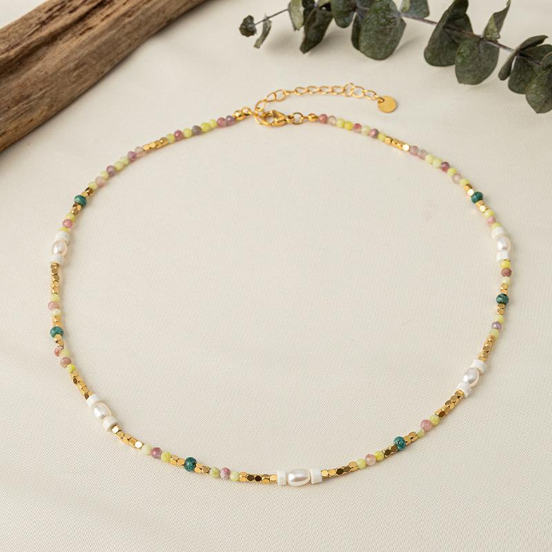 GEMCHIC Women's Colorful Natural Stone Pearl Beaded Necklace, Geometric Gold Chain Choker