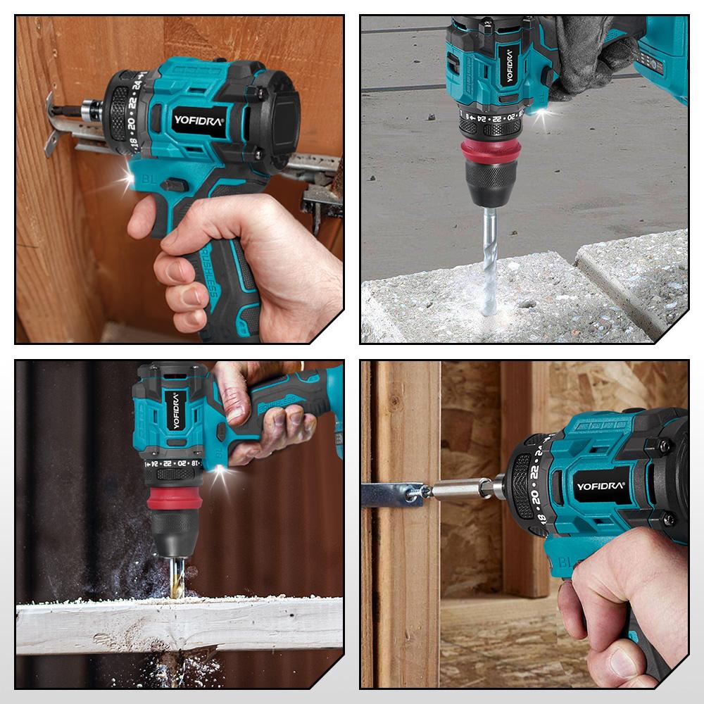 Yofidra Бесщеточная электрическая дрель-отвертка 10 мм, 24 + 3 крутящего момента, беспроводная эффективная ударная дрель, электроинструмент для батареи Makita 18 В