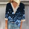 Женская модная футболка с V-образным вырезом и кружевным винтажным цветочным принтом, повседневный топ с семью рукавами