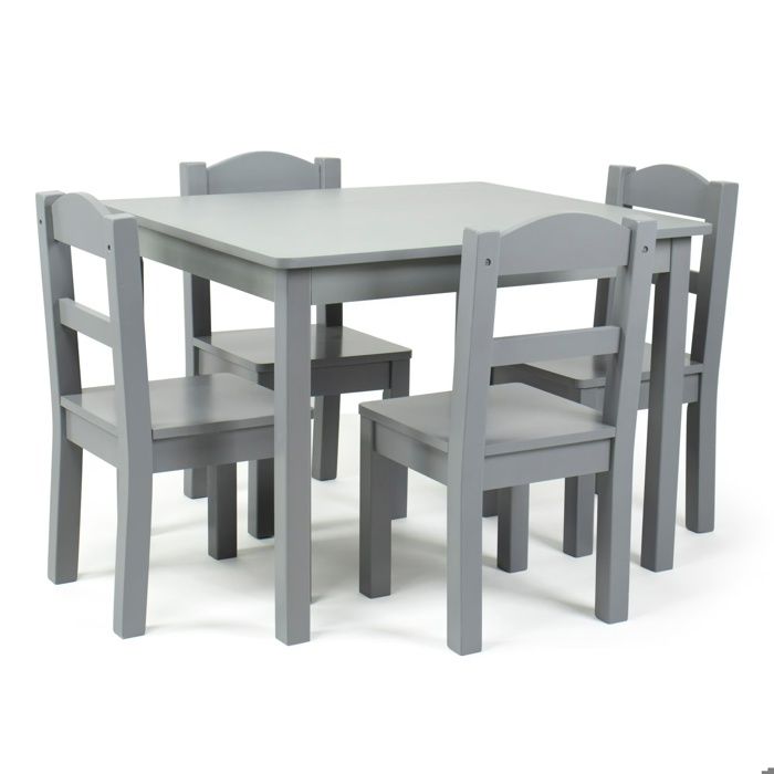 GINGER HOME Table Enfant avec 4 Chaises en Bois – Ensemble Table et Chaises pour Jeu et Apprentissage Gris 66x56x48 cm