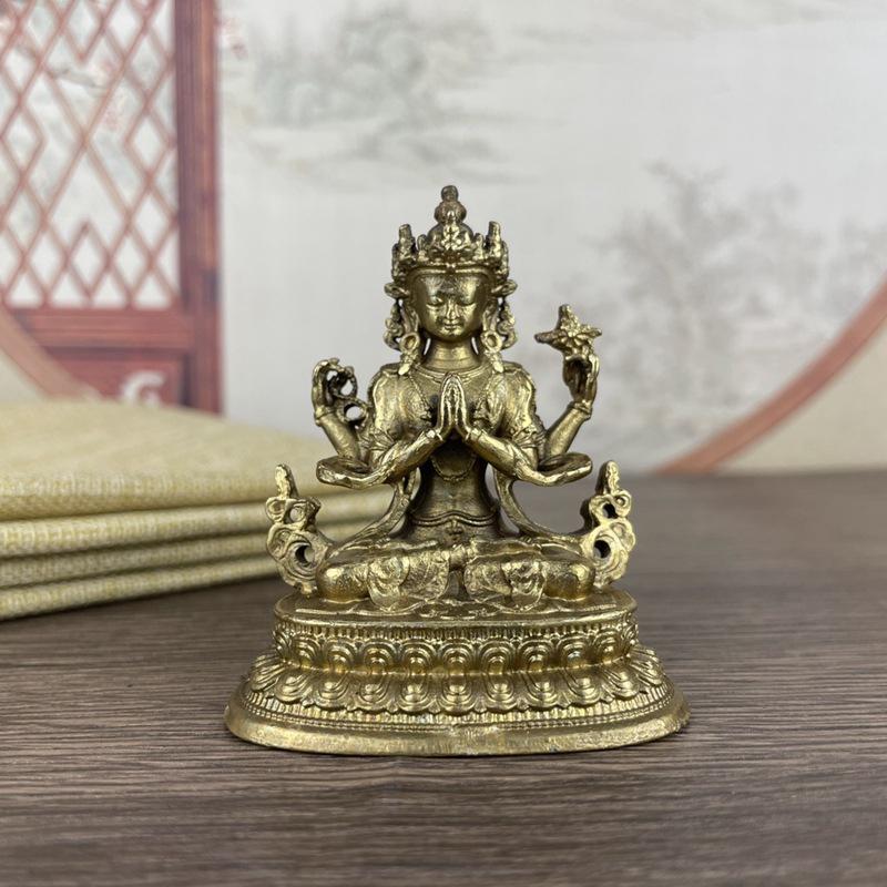 Antique Four-Armed Avalokitesvara Bidhisattva Statue Desk Ornaments Tibetan Patron Saint Figurines Home Decoration Crafts
