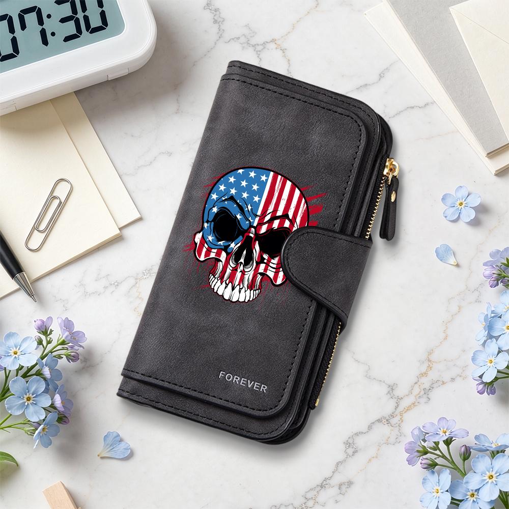USA Flag Skull Print Long Wallet Forever Fashion Portable Card Holder Daily Use Purse