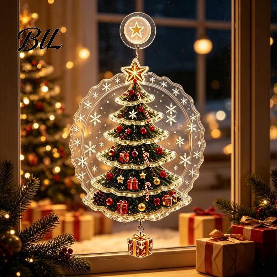 Festive Window Decoration Christmas Suction Cup Light, Santa Claus Xmas Tree Decorative Lamp Snowman Glass Ornament, Holiday Party Acrylic Hanging