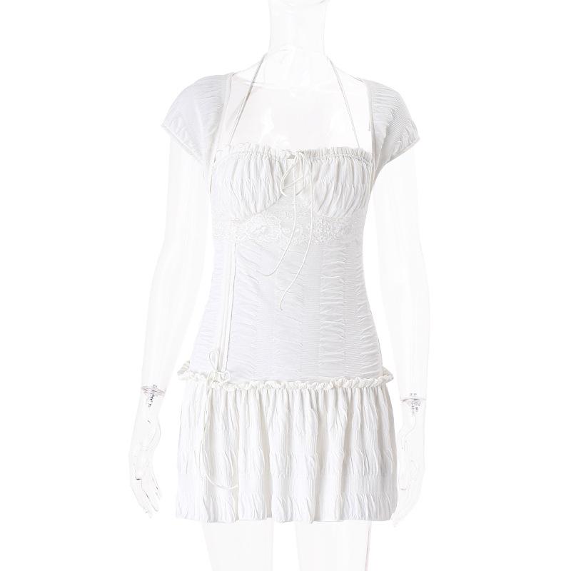 Летняя мода Франция Платье с низким вырезом Женщины с коротким рукавом Тонкие мини-платья с рюшами Женские вечерние повседневные элегантные облегающие платья на шнуровке для отпуска Женщина