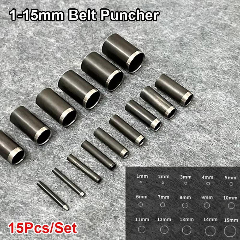 15Pcs/Set Durable 1-15mm Belt Puncher Hollow Round Chisel Punching Head DIY Roll Pin Pack Leather Craft Tool