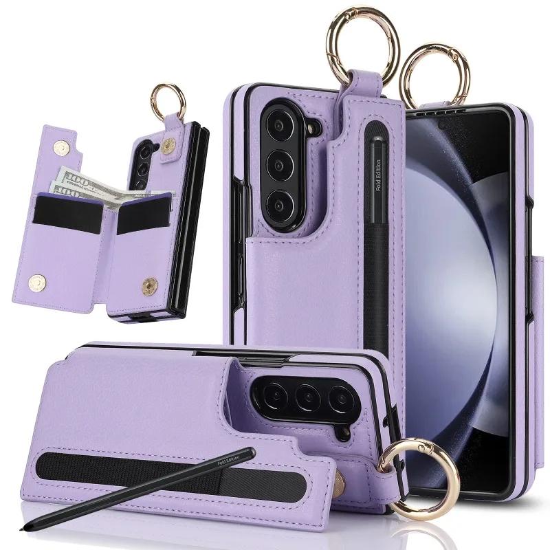 Чехол-кольцо из искусственной кожи для Samsung Galaxy Z Fold 6 5 4 3 Fold6 Fold5 Fold4 Fold3 Кошелек с держателем для ручки и слотом для карт (Нет ручки)