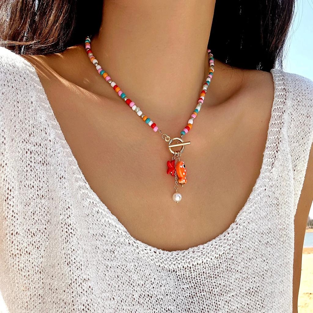 Шарм Океан Пряжка OT Богемия Звезда Морская Подвеска Ожерелье для Женщин Ручная Работа Рисовый Бисер Керамическая Рыбка Чокер Украшения для Вечеринки Девочек