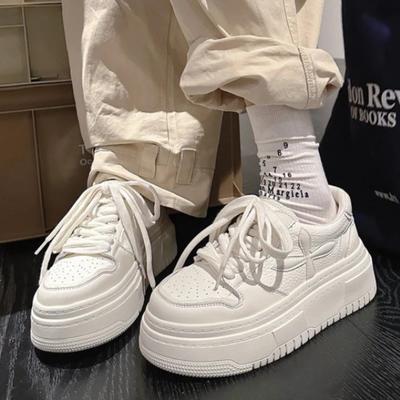 Женские кроссовки из искусственной кожи на плоской подошве с круглым носком на шнуровке, модная повседневная обувь весна-осень, белые