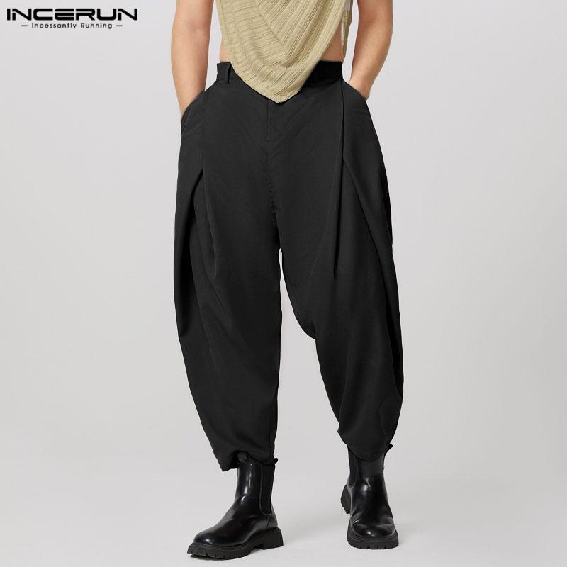 INCERUN Весенние мужские модные широкие длинные брюки для бега, однотонные повседневные свободные брюки макси, большие размеры