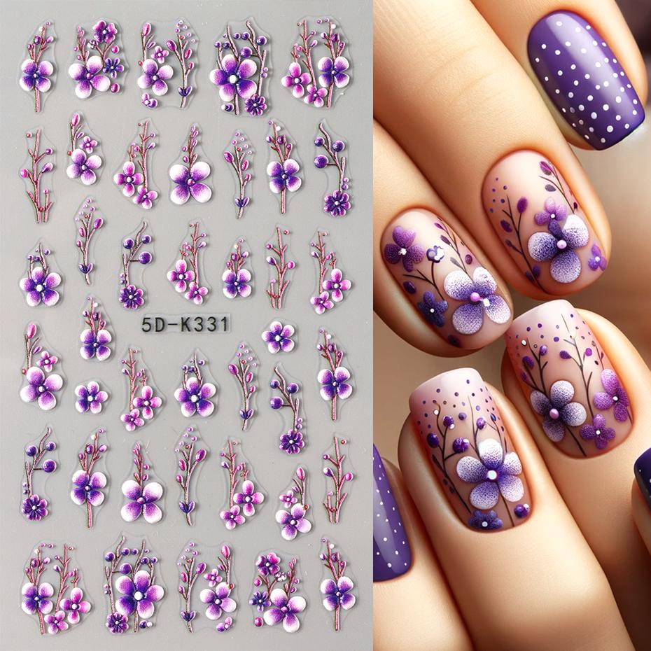 Xiaomi 5D Embossed Flowers Nail Art Sticker Spring Purple Floral Blooming Flower Decal Nail Self-Adhesive Stickers Manicure Decorations