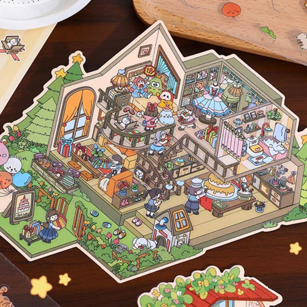 Forest Party 3D Landscape Sticker Paper Plus Size Cabin Scene Game Stickers  Children/Kids