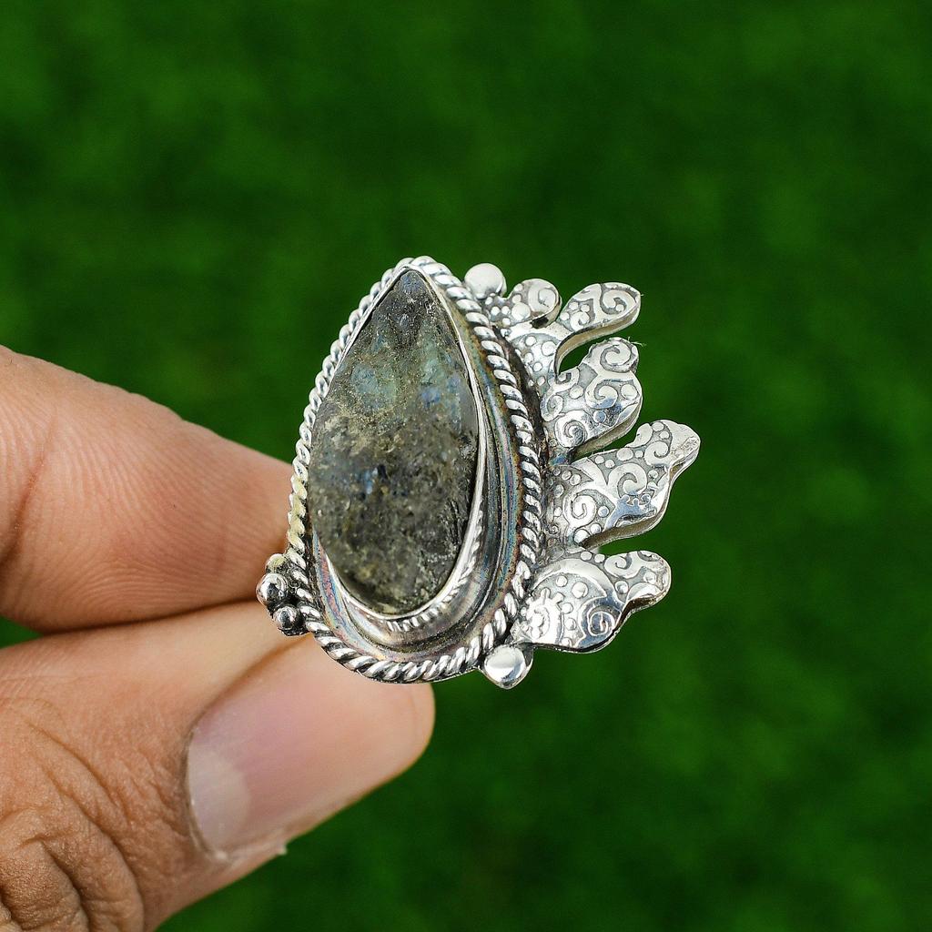 Gift For Her 925 Silver Natural Labradorite Rough Stackable Adjustable Ring