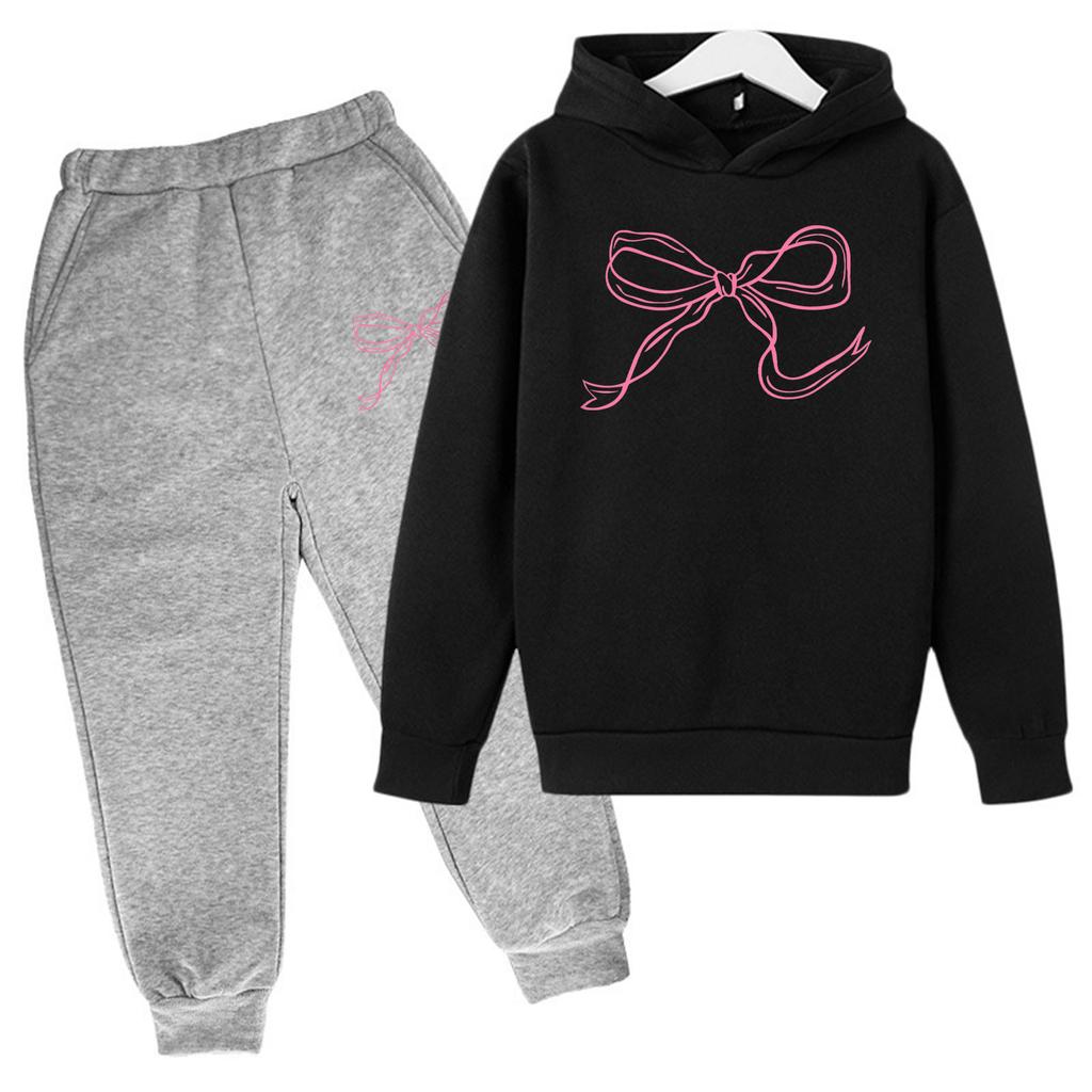 Kids' Plush Long Sleeve Long Pants Loose Pullover Bow Print Hoodie Set