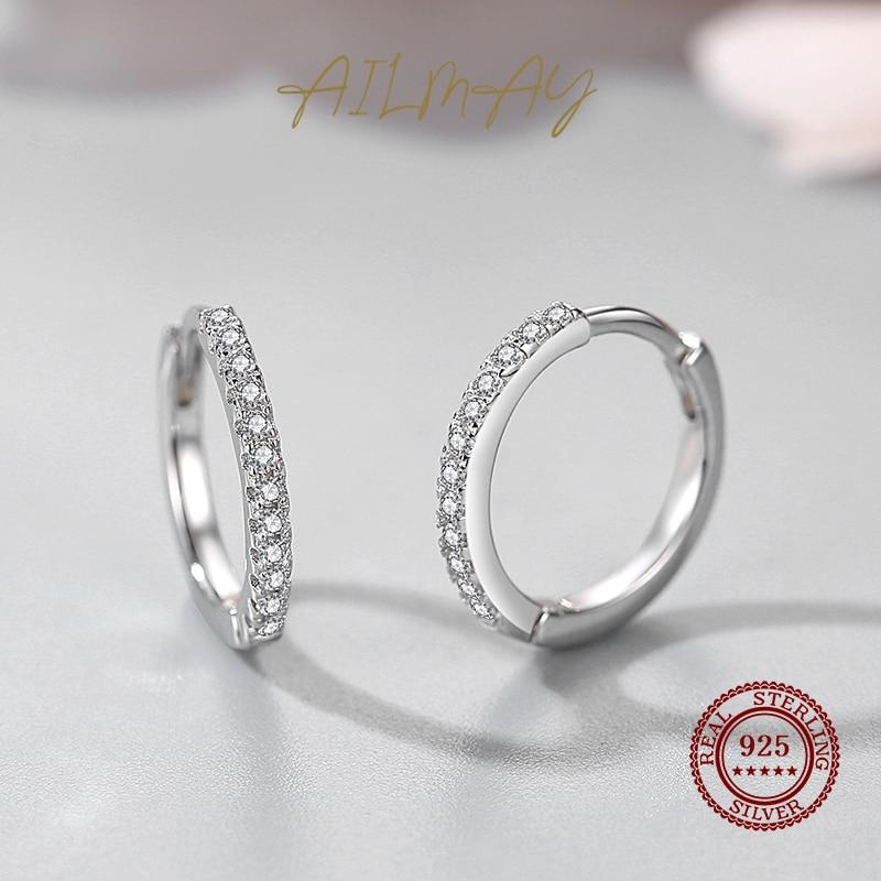 100 %925 Sterling Silver Clear Zircon Simple Fashion Hoop Earrings For Women Girls Anti -Allergy Fine Jewelry Gifts