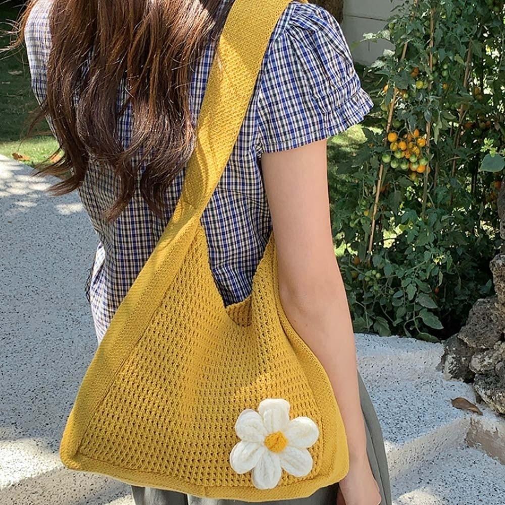 Sweet Knitted Tote Bag Breathable Seaside Vacation Handbag Trendy Crochet Shoulder Bag  Female