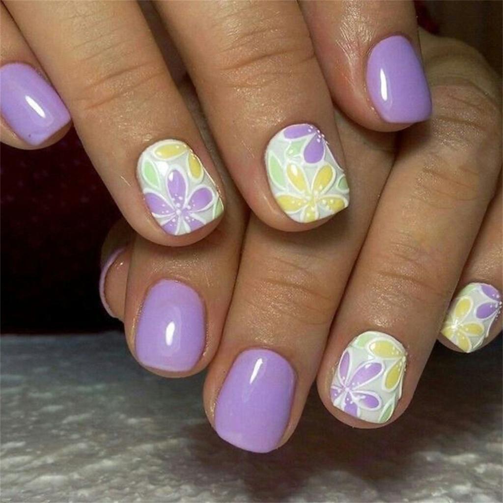 Square Press On Nails Flower Fake Nails Glue On Nails Artificial Acrylic Nails 24pcs Stick On Nails for Women Girls