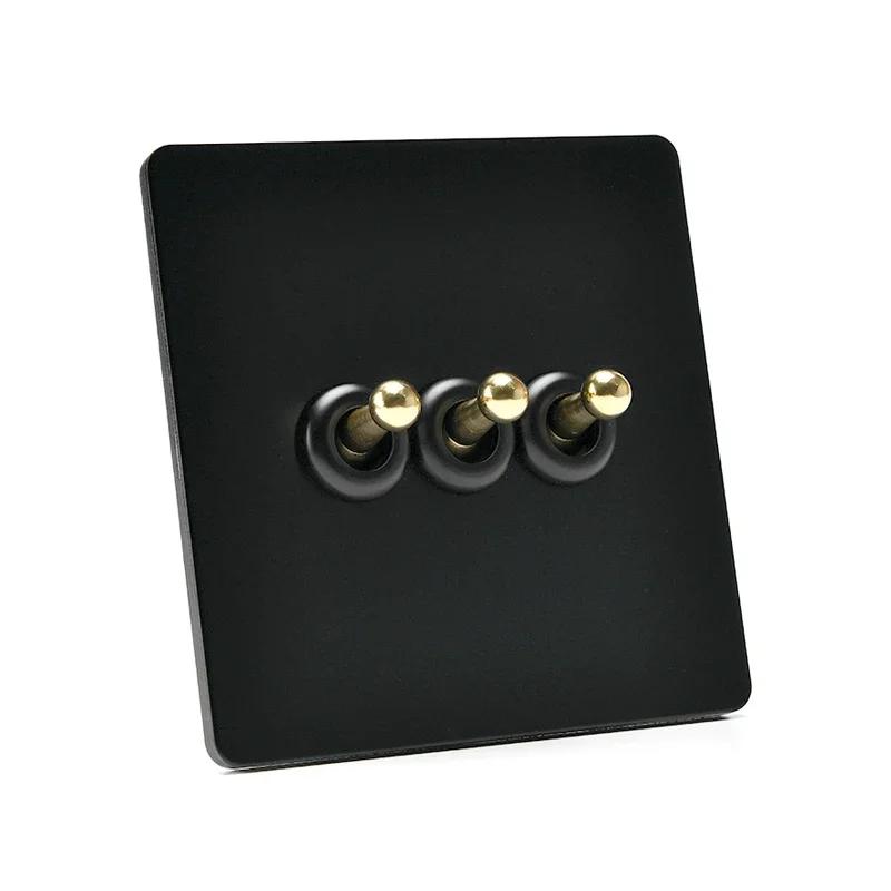 86 Тип Ретро Выключатель 1-4 Gang 2 Way Настенный Светильник Латунный Рычажный Переключатель Черный Матовый Нержавеющая Стальная Панель Розетка EU FR