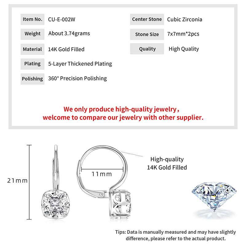 New Earrings High Quality Vintage Elegant 14K Gold Filled 7x7mm Cushion Zircon Classic Fat Square Halo Hoop Earrings for Women