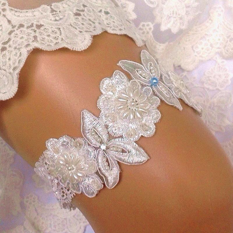 Роскошная кружевная подвязка для невесты, что-то синее, жемчужное, с цветочным узором и бусинами, свадебная невеста