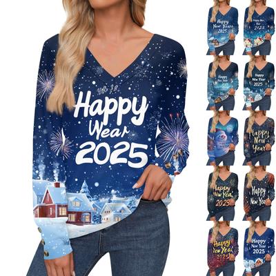 Женская мода повседневный свитер с длинным рукавом и V-образным вырезом с рождественским принтом