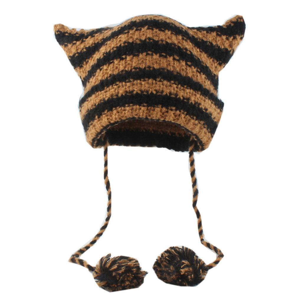 Вязаная полосатая шапка с 3D кошачьими ушками, эластичная ветрозащитная шапка с помпоном, шапка с защитой ушей, зимняя шапка для велоспорта и катания на лыжах