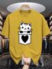 Unisex Crew Neck Tee Pocket Cat With Heart Cute Cartoon Print Soft Cotton Loose Short Sleeve Summer Casual Male Streetwear Tops