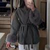 Women's Short Trench Coat with Deep V-Neck, Self-Tie Belt, and Gray Furry Pom-Pom Cuffs, Elegant Casual Style