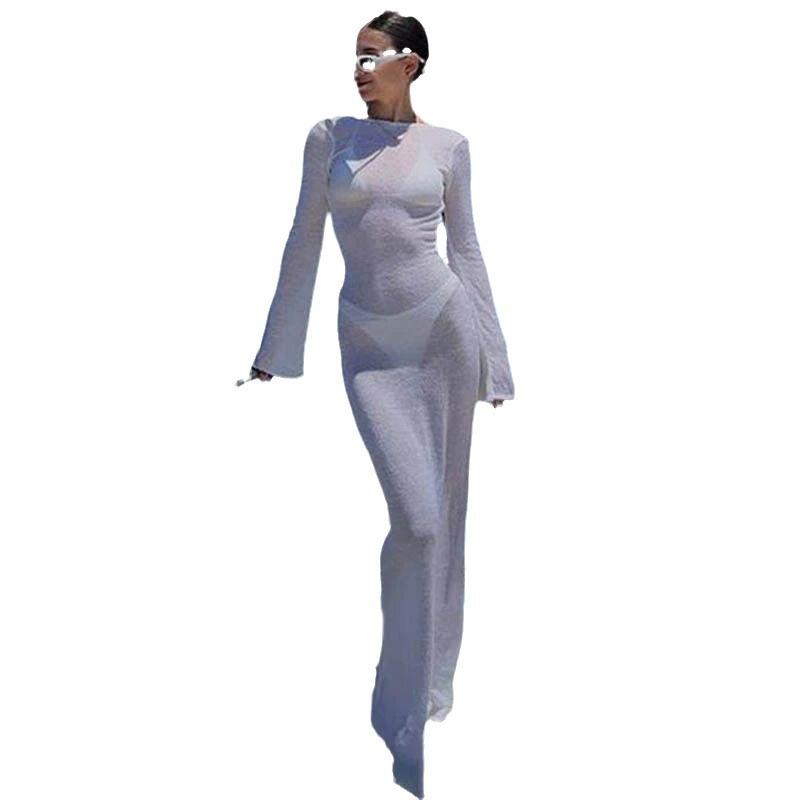 Женское пляжное платье Cover Ups2 с круглым вырезом, пляжная туника-бикини с защитой от солнца, длинные рукава, открытая спина, платья