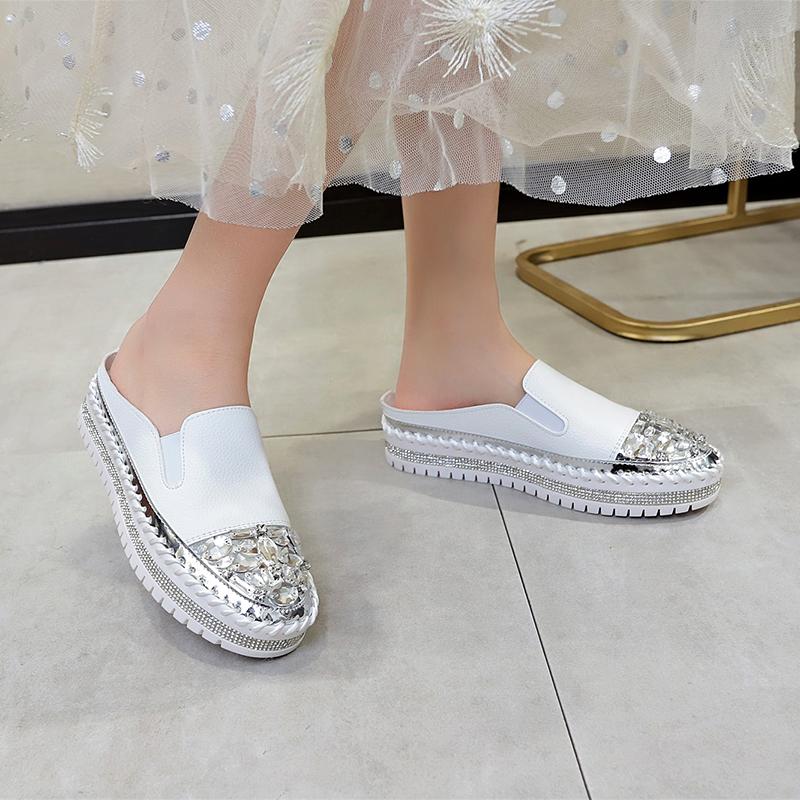 Fashion Aphixta Rhineston Round Toe Leather Flats Shoes Women White Bling Loafers Couple Platform Shoes Woman Chunky Sole Size 43