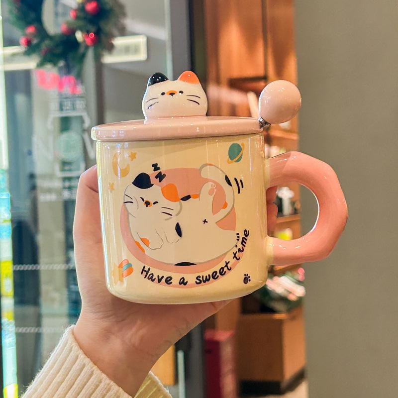 Birthday Gift Cute Cat Mug with Lid Couple Water Cup High Looking Bestie Ceramic Cup Practical Souvenir