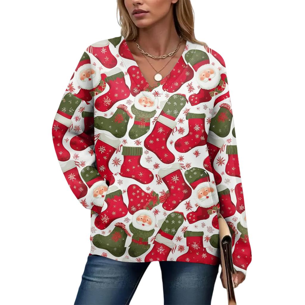 Women's Casual And Fashionable Christmas Print Long-Sleeved Top