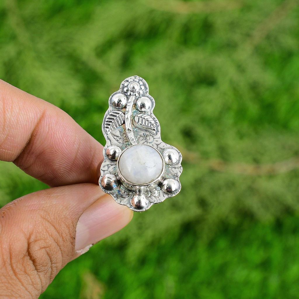 Sterling Silver Round Rainbow Moonstone Stone Promise Stackable Wife Flower Ring