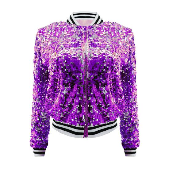 Women Jacket Shiny Sequin Long Sleeve Stand Collar Striped Loose Zipper Closure Elastic Cuff Stage Performance Emcee Coat