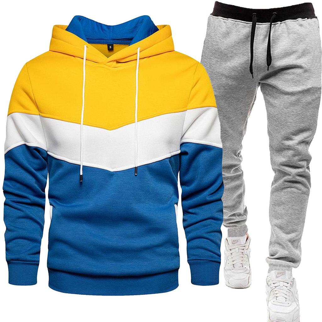 2024 Men's Fashion Spliced Hooded Sweatshirt & Long Pants Two-Piece Sports Suit for Autumn/Spring