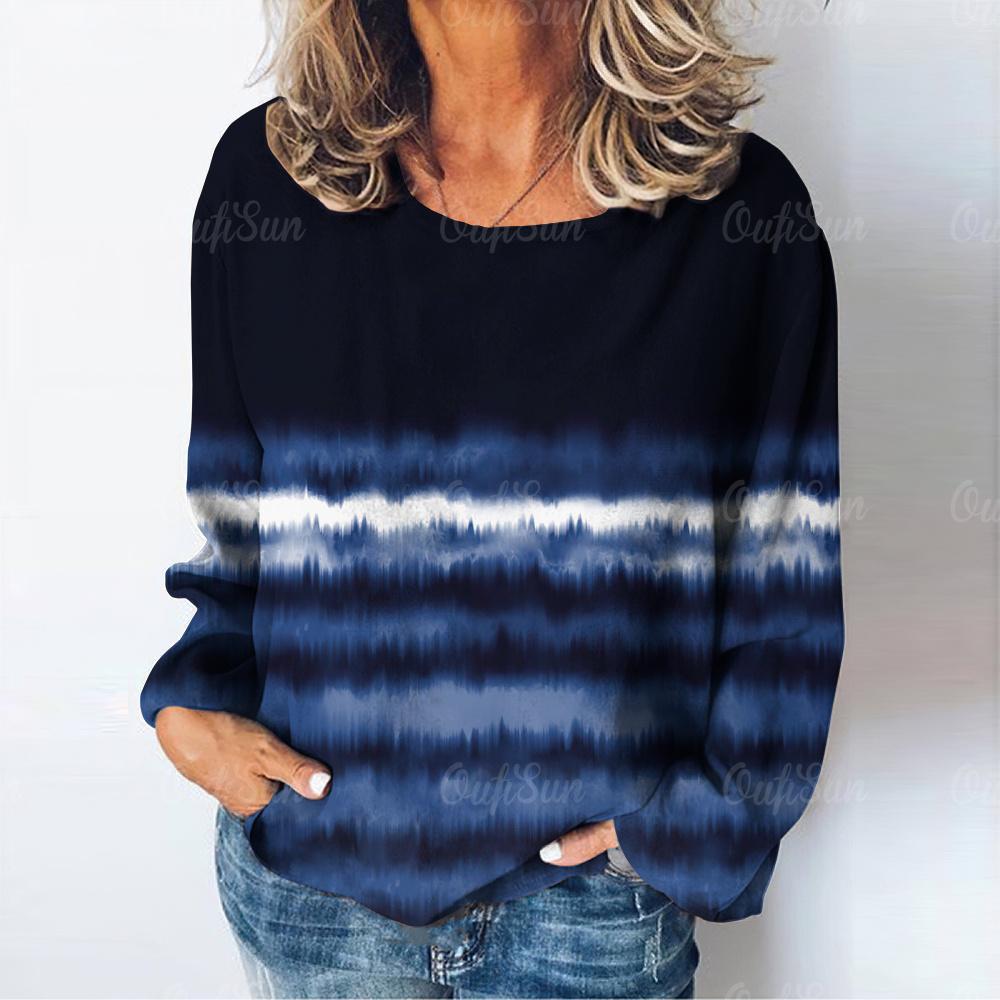 Винтажная женская футболка с длинным рукавом и полосатым принтом в стиле градиента, осенняя хлопковая женская одежда с круглым вырезом, женский повседневный пуловер
