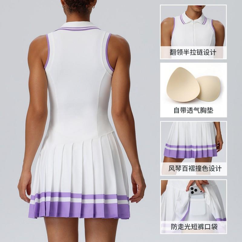 Womens Sleeveless Polo Neck Tennis Dress Set Colorblock Pleated Sporty Skirt Outfit Gym Running Yoga