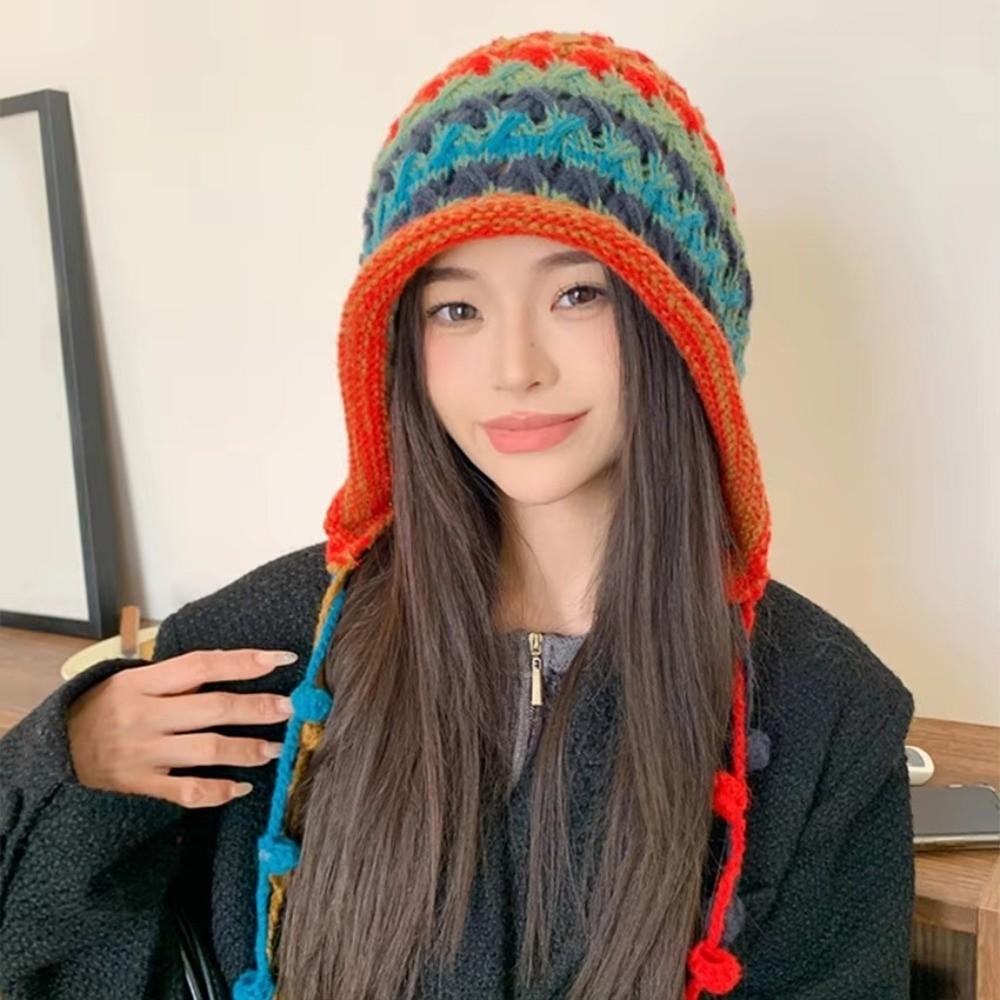 Rainbow Striped Knitted Woolen Hat Ethnic Style Winter Bomber Cap Fashion Beanie Hat  Outdoor