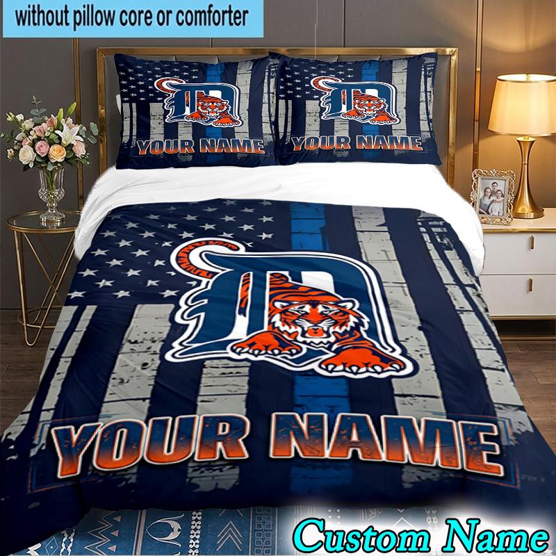 Custom Name 3PCS Detroit Tigers Emblem Bedding Set,Including Duvet Cover And 2pcs Pillowcases Perfect for Bedroom,Dormitory,Fan Christmas gift