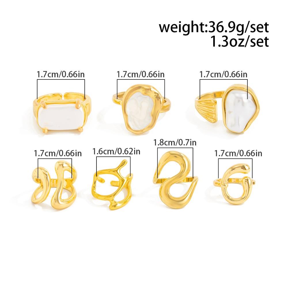 7pcs Set Exaggerated Trendy Irregular Geometric Glossy Metal Inlaid Baroque Imitation Pearl Opening Ring for Women Jewelry Sets