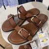Fashion High Quality Brown Metal Buckle Designer Slippers Women Comfort Non-slip Beach Sandal Summer Lightweight Size 42 Flat Flip Flops