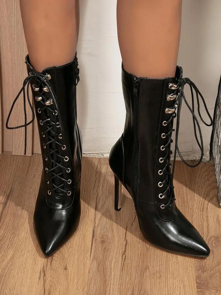 Осенне-зимние женские ботильоны, сексуальные туфли-лодочки на высоком каблуке для танцев на пилоне с острым носком, модные туфли «Челси» на молнии на шнуровке Female2024