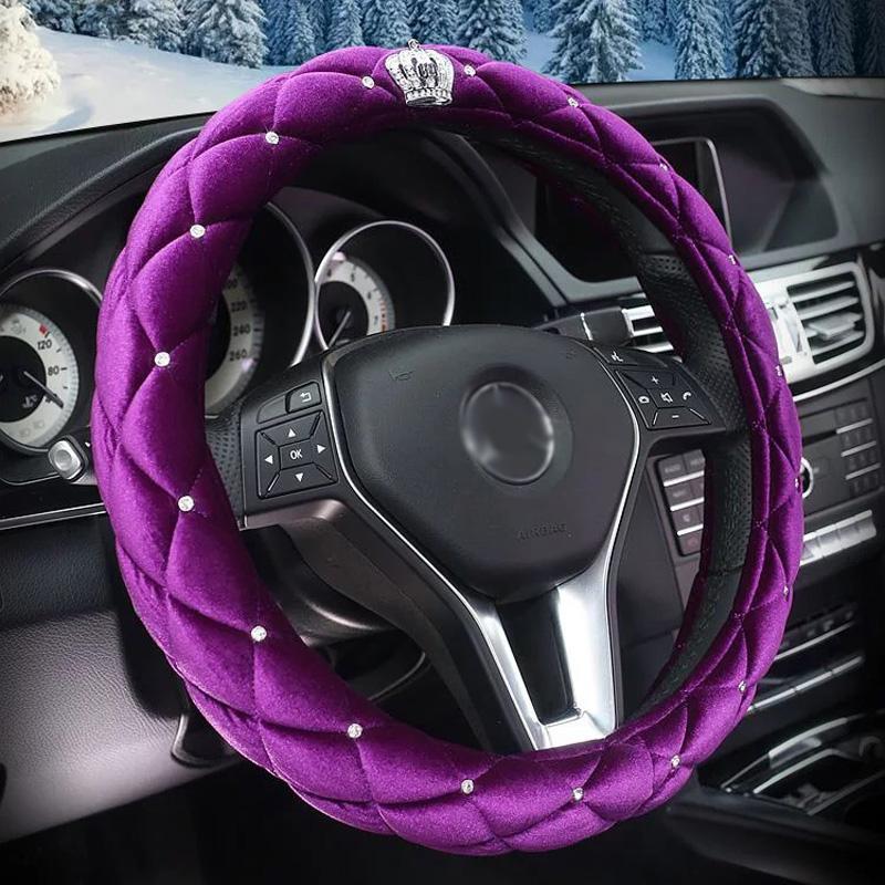 Зимний чехол на руль автомобиля Diamond Crystal Crown Plush Fur Steering-Roll Cases Auto Interior Accessories For Women Girls