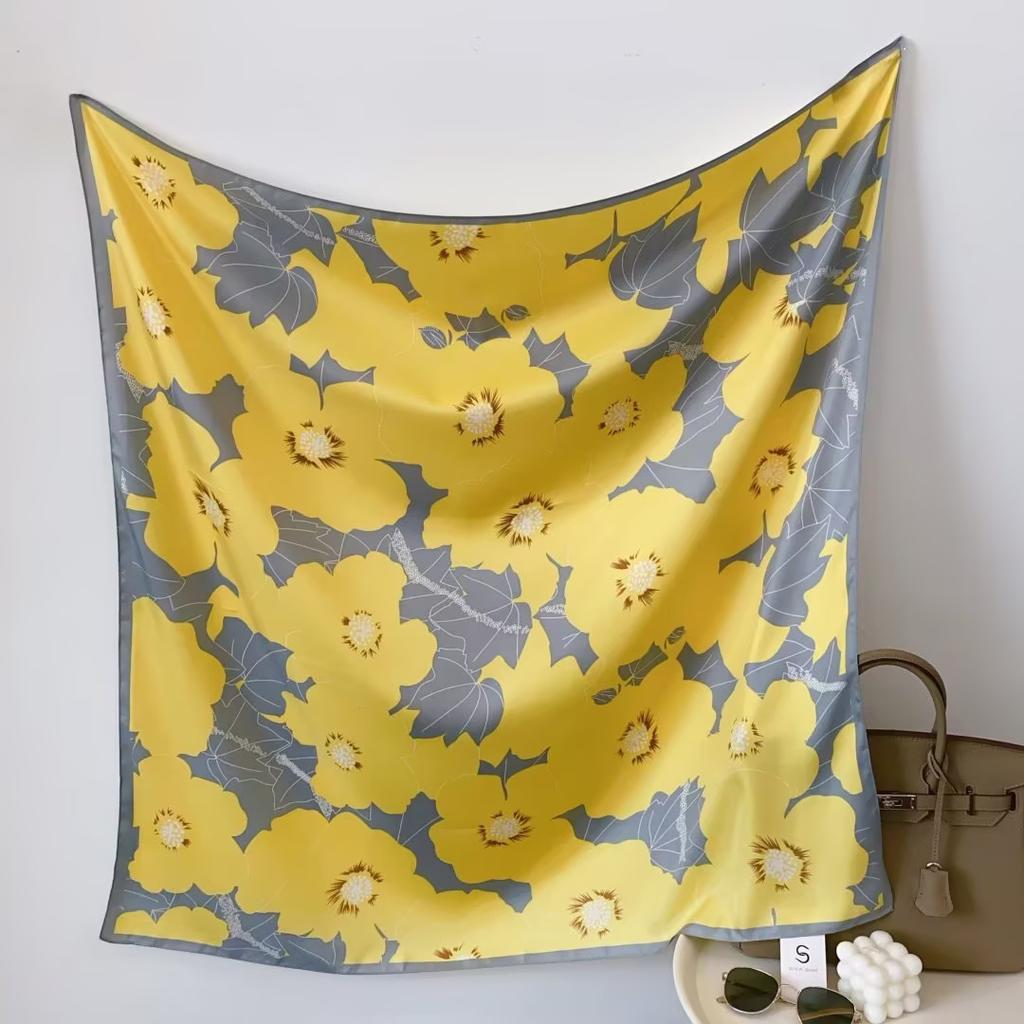 Autumn and winter versatile shawl floral print yellow simple large square scarf 91CM simulated silk twill silk women's silk scarf