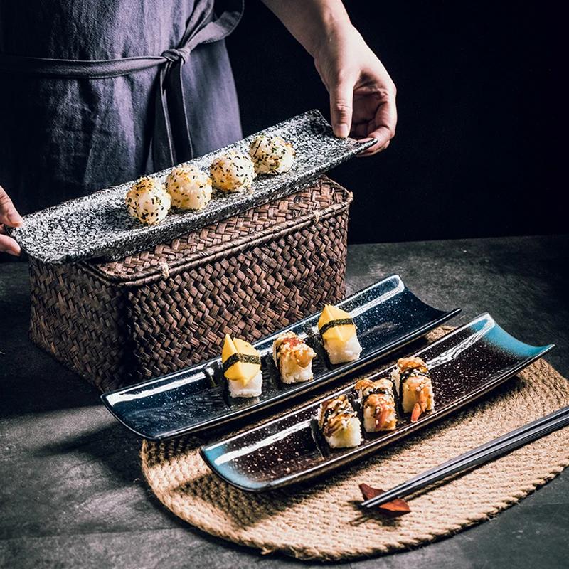 Japanese Rectangular Sushi Plate Dish Type Flat Plate Placing Plate Hot Pot Restaurant Restaurant Ceramic Plate Side Dish Plate