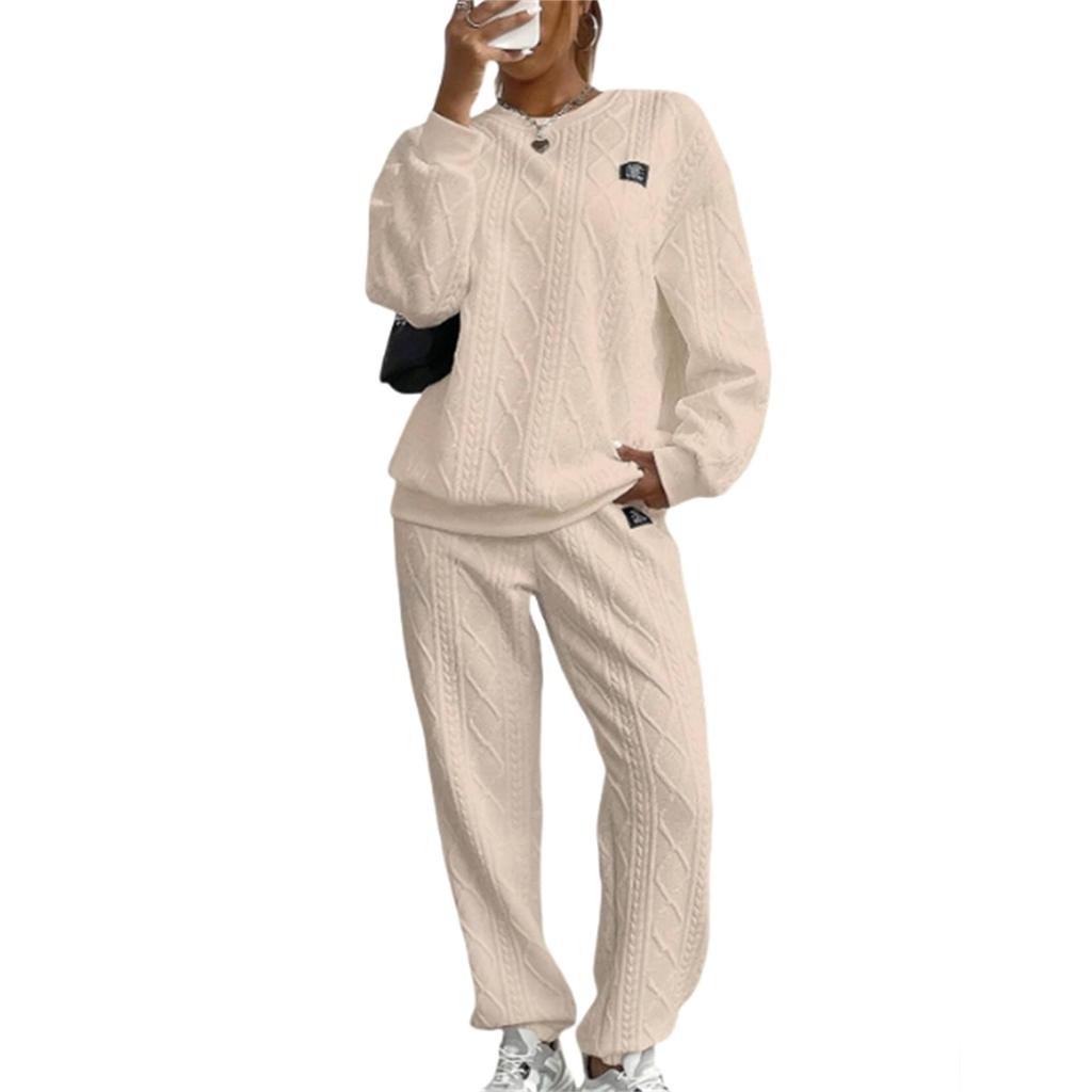 Women's Fashion Color Round Neck Long Sleeve Top Elastic Waist Casual Pants Set