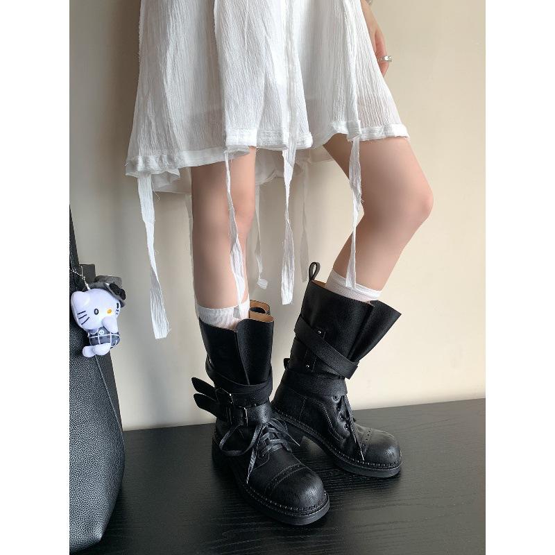 Версия из овчины~ ретро пряжка на ремне полусапоги рыцарские сапоги женские на шнуровке мотоциклетные ботинки Мартин толстая подошва западные ковбойские сапоги