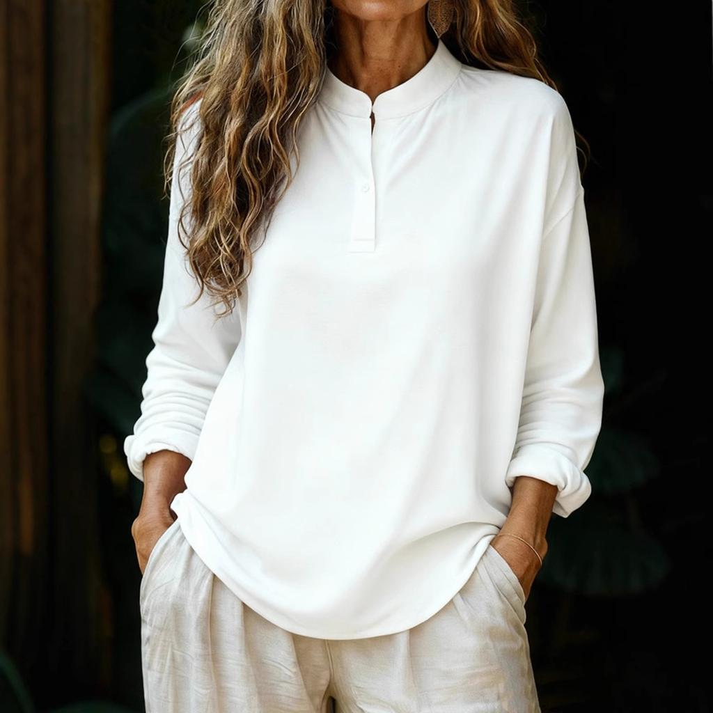 Женская модная и повседневная свободная однотонная блузка с длинным рукавом и круглым вырезом на пуговицах