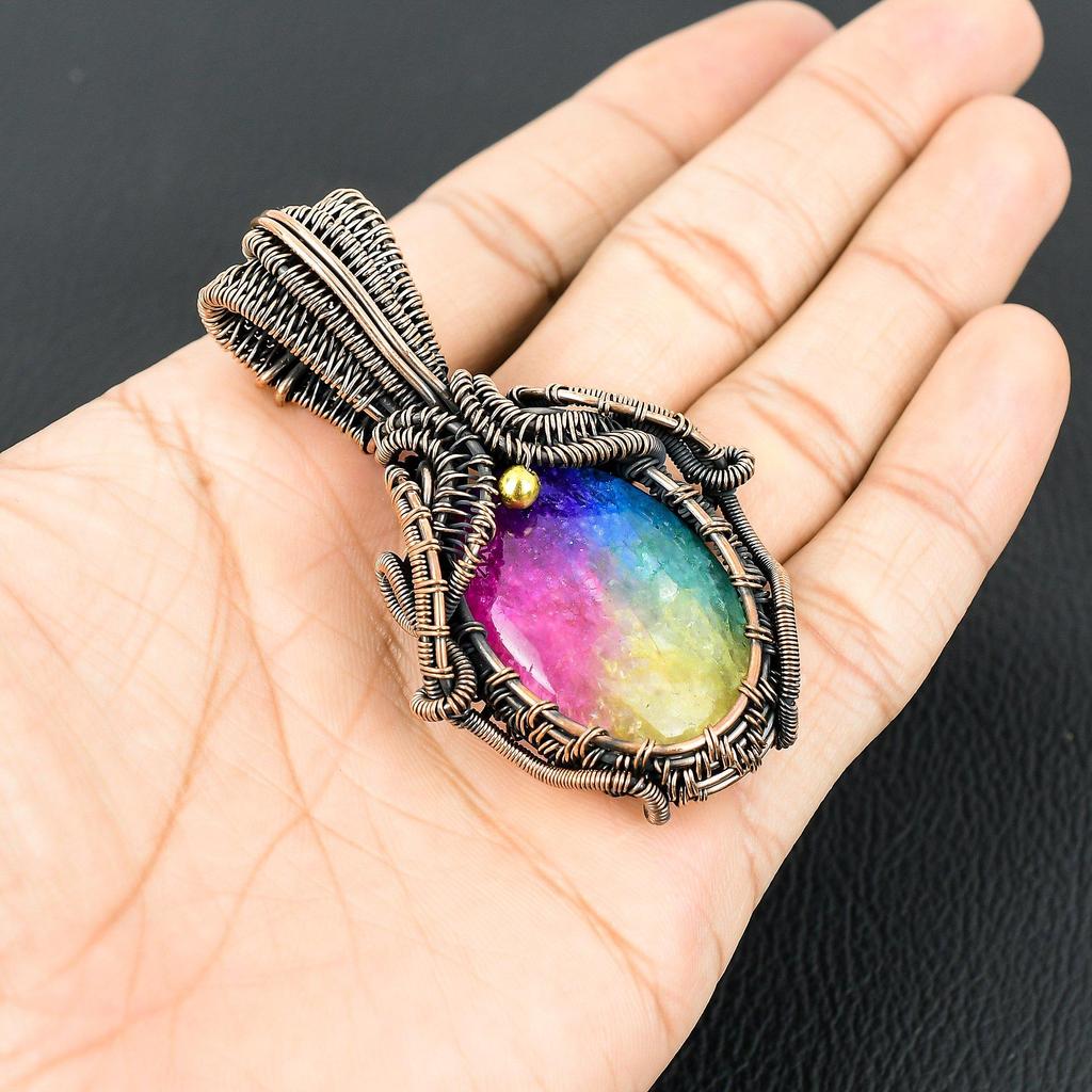 Rainbow Solar Quartz Gemstone Handmade Pure Copper Wire Wrapped Pendant Jewelry For Memorial